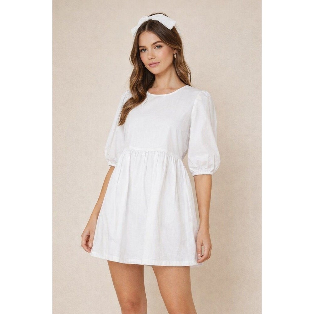 WAYF White Mini Dress Lace Up Back Puff Sleeve Coquette Cottagecore Babydoll